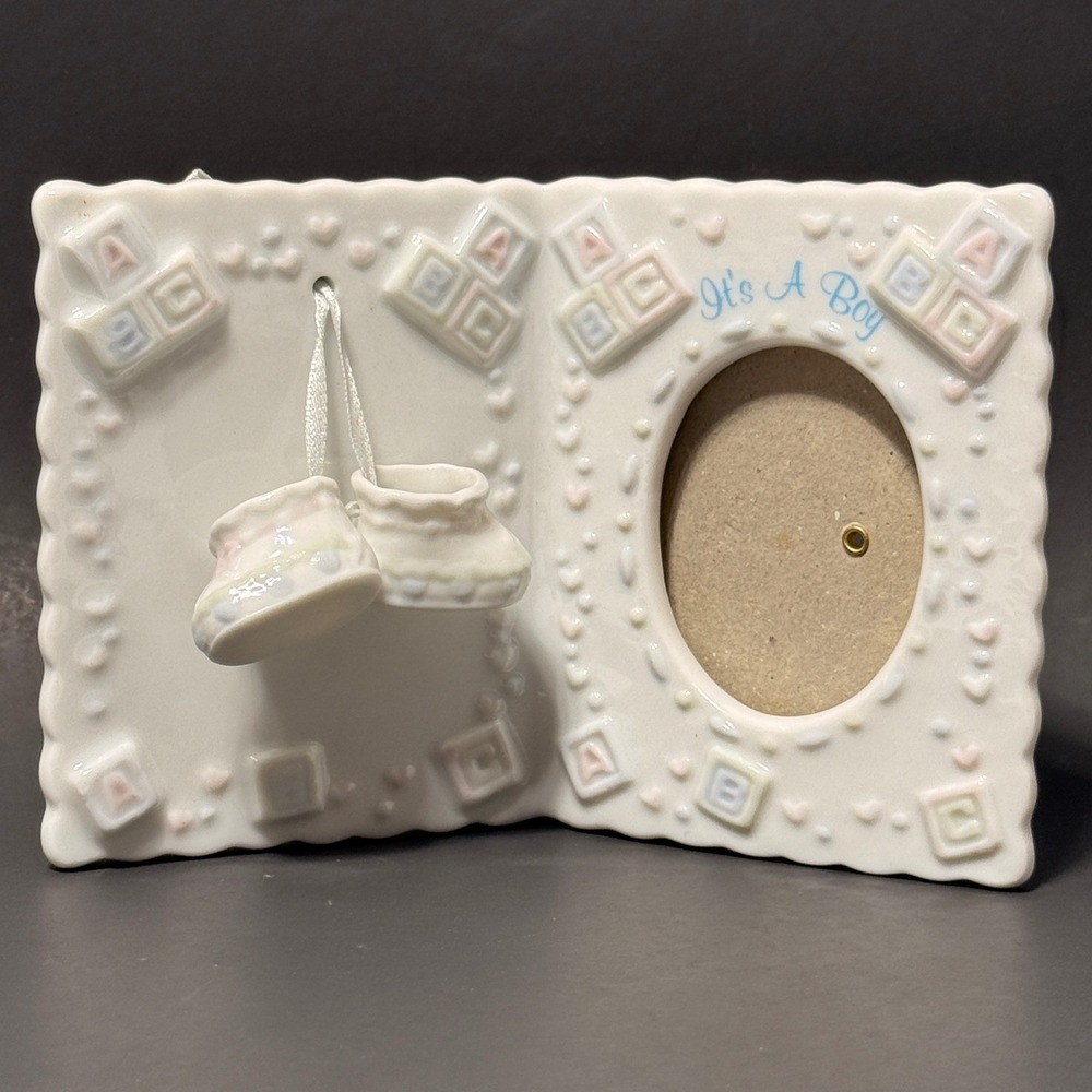 Russ Berrie Its A Boy Ceramic Picture Frame with 3D Hanging Baby Booties White *